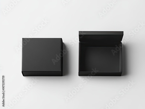 Two matte black square boxes; one closed, one open