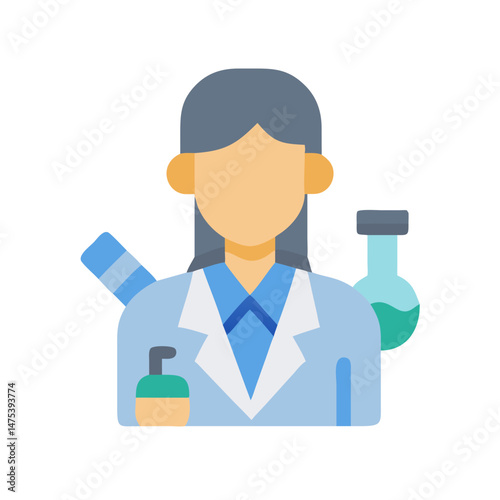 Female scientist flat icon with lab equipment vector