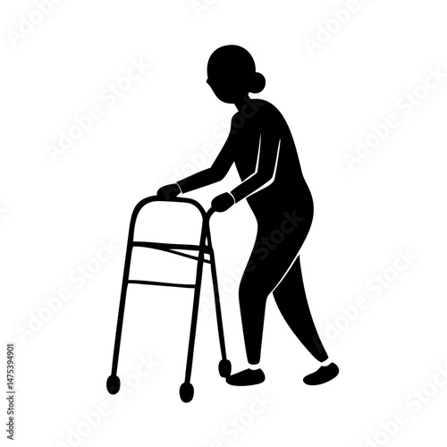 Silhouette of Elderly Woman with Walker Illustrating Assisted Mobility and Healthcare