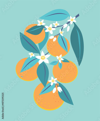 Branch of oranges with flowers and leaves