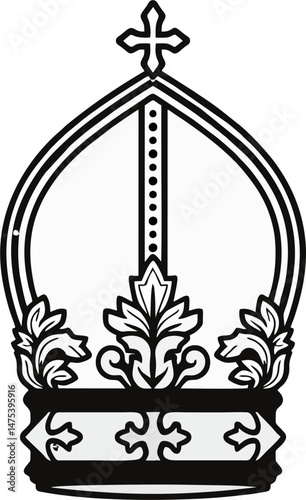 Black and White Vector Illustration of Ornamental Bishop Mitre with Cross and Floral Baroque Elements – Religious Line Art Clipart