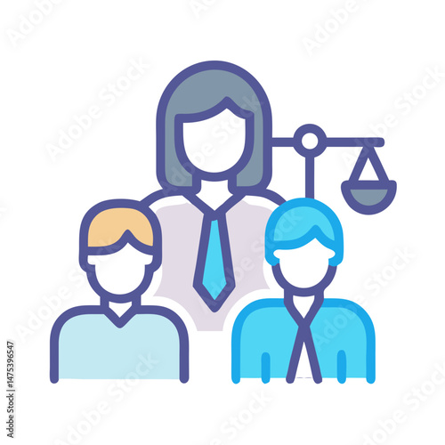 Lawyer, clients and scales of justice icon symbol