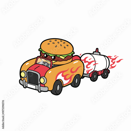 Burger Car Cartoon with Flaming Fuel Tank