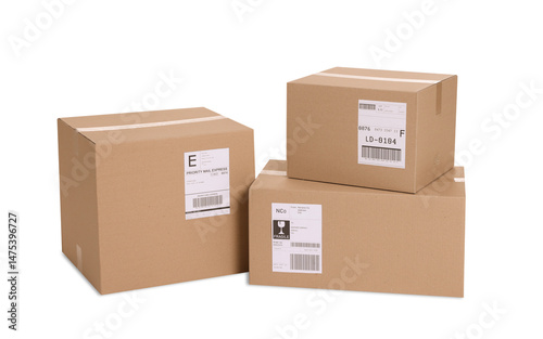 Many parcels with shipment labels isolated on white