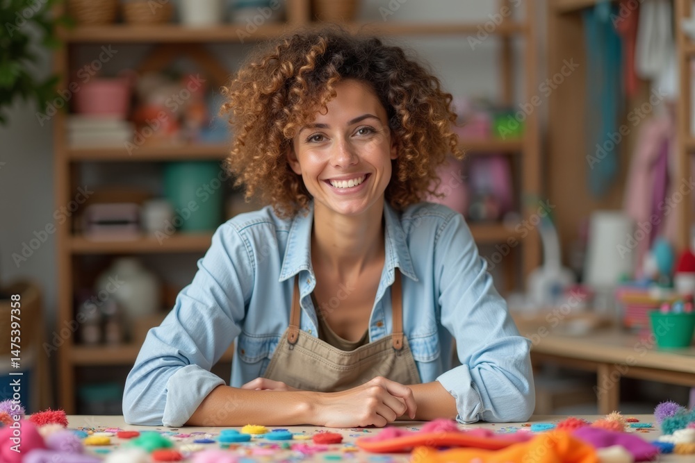 Fototapeta premium Portrait of a DIY craft studio owner immersed in a vibrant world of handmade creations, reflecting her dedication to crafting and inventive spirit.