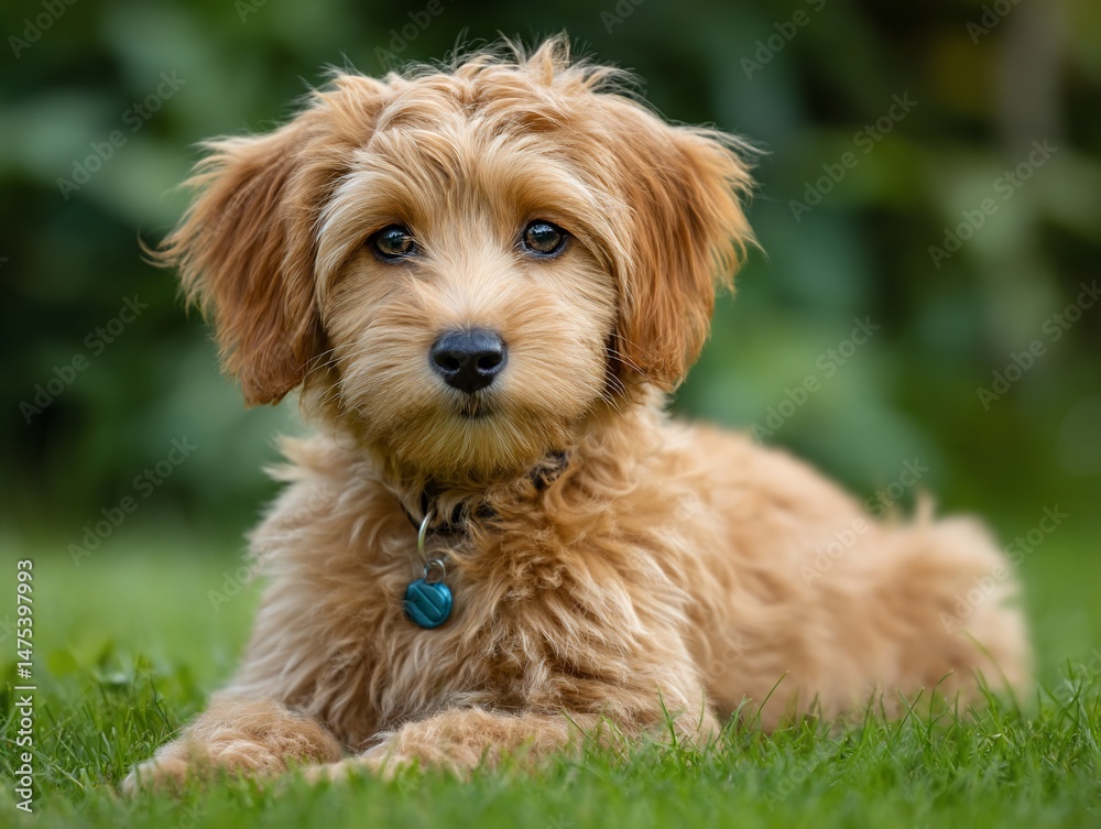 Adorable goldendoodle puppy lounging in lush grass Adorable goldendoodle puppy lounging in lush grass