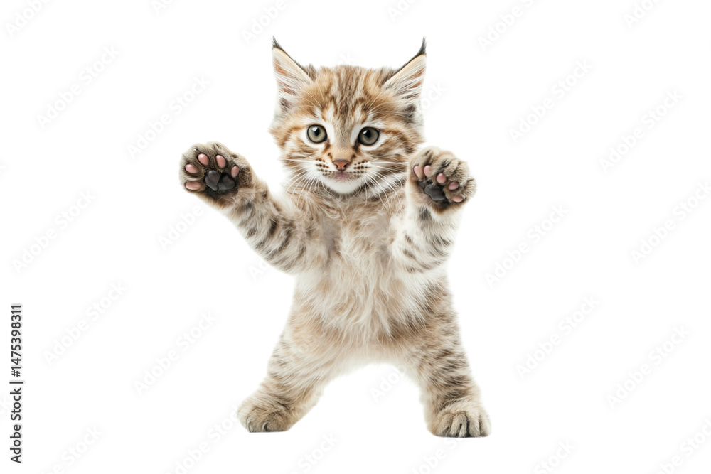 Obraz premium Cute tabby kitten playfully reaching out with paws in a light background.