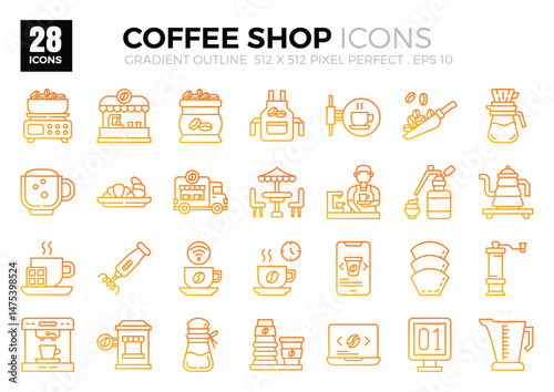 Coffee Shop gradient outline color icons set.Vector illustration