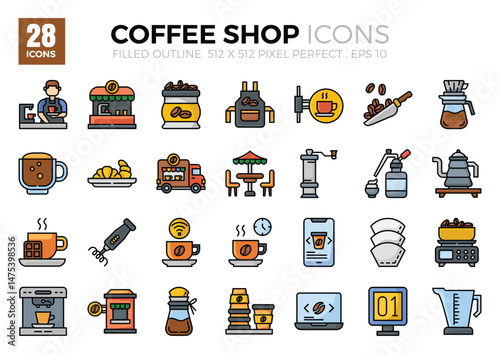 Coffee Shop filled outline icons set.Vector illustration