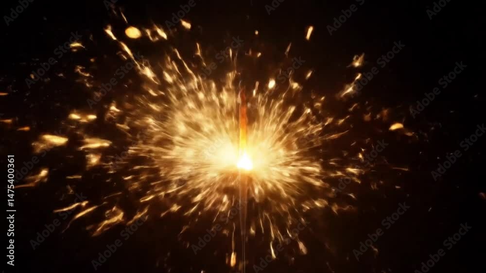 Dynamic shot of golden sparks radiating outwards from a bright, central point of light. Dynamic shot of golden sparks radiating outwards from a bright, central point of light.