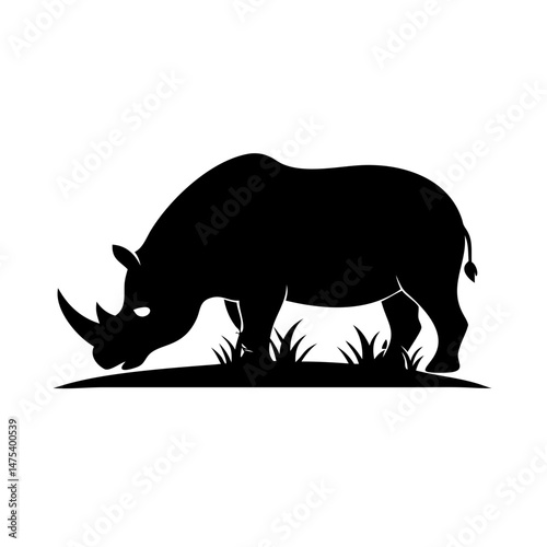 Silhouette of a magnificent rhinoceros grazing peacefully in a grassy field