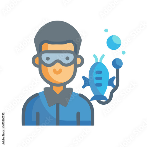 Diver with Fish and Bubbles Icon Illustration