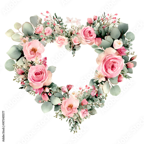 Elegant Watercolor Heart-Shaped Floral Wreath with Pink Roses and Eucalyptus