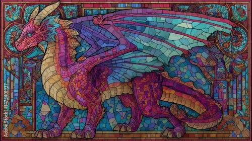 A vibrant stained glass dragon, detailed in a medieval style.