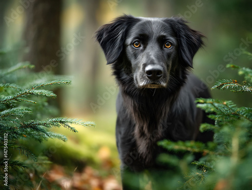 Black dogs intense gaze in green forest