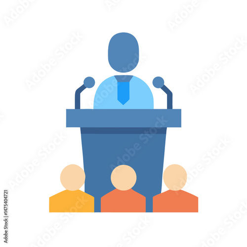 Speaker at podium with audience, presentation vector icon