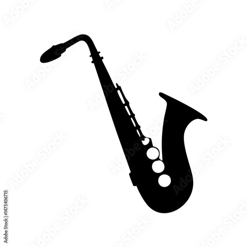 Silhouette of a saxophone against a white background is seen here
