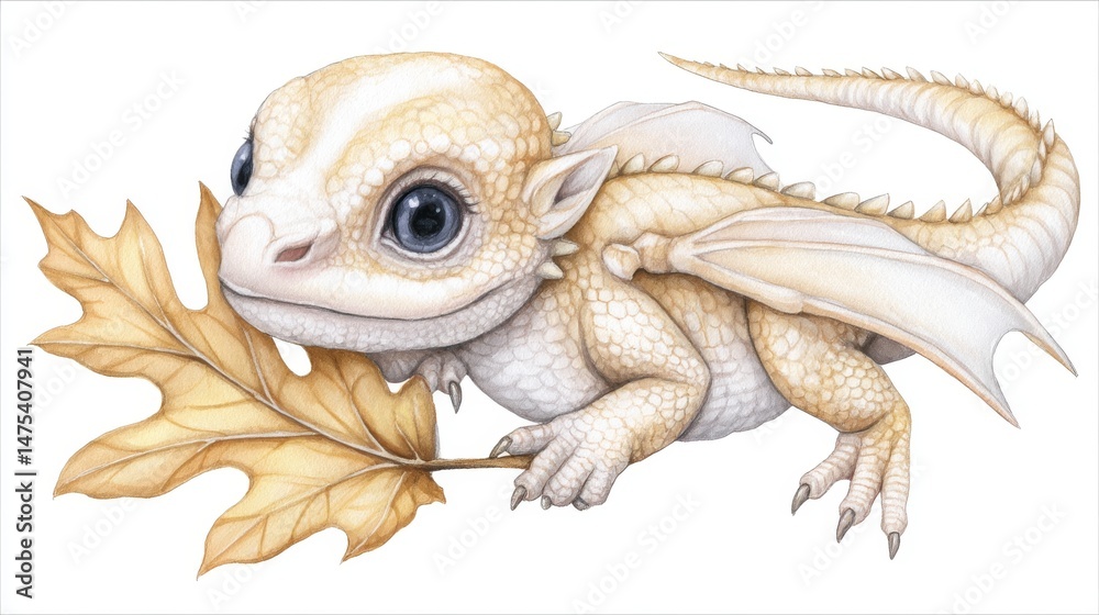 Fototapeta premium Adorable Baby Dragon with Autumn Leaf - A cute, cream-colored baby dragon gently holds a yellow autumn leaf. Perfect for fantasy, children's books, or autumn themes