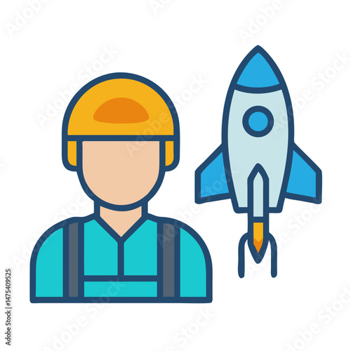 Scientist with rocket launch, innovation and space travel