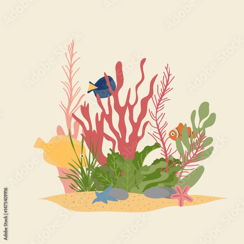Vector illustration with corals, algae, pebbles, starfish and fish. Compositions for beach decoration, menus, postcards, posters.
