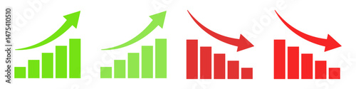 Business growing bar graph icon arrow symbol. Growth and decline graphs and charts icons. Profit growing icon symbol. Diagram bar. increase and decrease chart icons
