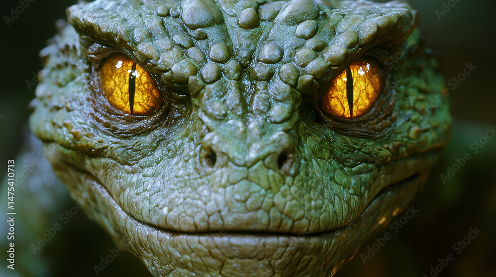 Fototapeta premium Close-up of a reptilian alienâs scaly green face with glowing yellow eyes and vertical pupils