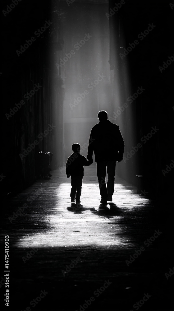 silhouettes of father and child walking together in darkness illuminated by dramatic beam of light symbolizing trust protection connection and emotional guidance
silhouettes of father and child walking together in darkness illuminated by dramatic beam of light symbolizing trust protection connection and emotional guidance