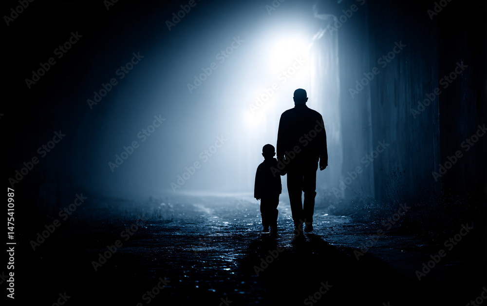 Obraz premium silhouettes of father and child walking together in darkness illuminated by dramatic beam of light symbolizing trust protection connection and emotional guidance 