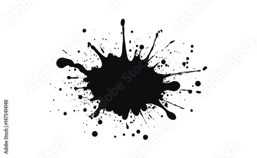 Abstract black ink splash isolated on white. Grunge paint splatter, urban ink blot for posters, T-shirt prints, digital artwork, messy drop texture, vector illustration for design projects.