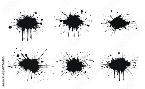 Abstract black ink splash isolated on white. Grunge paint splatter, urban ink blot for posters, T-shirt prints, digital artwork, messy drop texture, vector illustration for design projects.