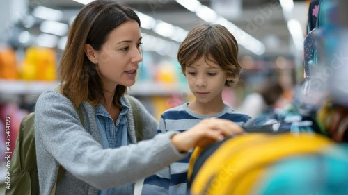 Mother and child explore colorful backpacks, excited for school preparations