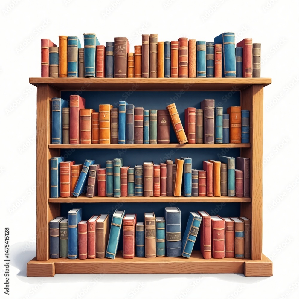 Bookshelf with Books: A classic wooden bookshelf overflowing with a diverse collection of books, each spine a unique story, ready to be explored.