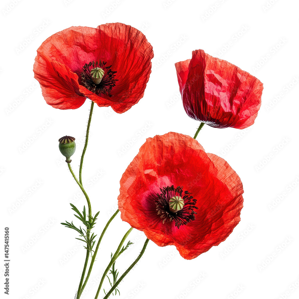 Obraz premium Red poppy flowers blooming with vibrant color isolated against a Transparent background, Red poppy flowers isolated on PNG background