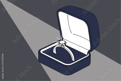 175 navy blue velvet ring box, white gold ring, simple solitaire diamond ring, high contrast lighting, dramatic shadows, photorealistic