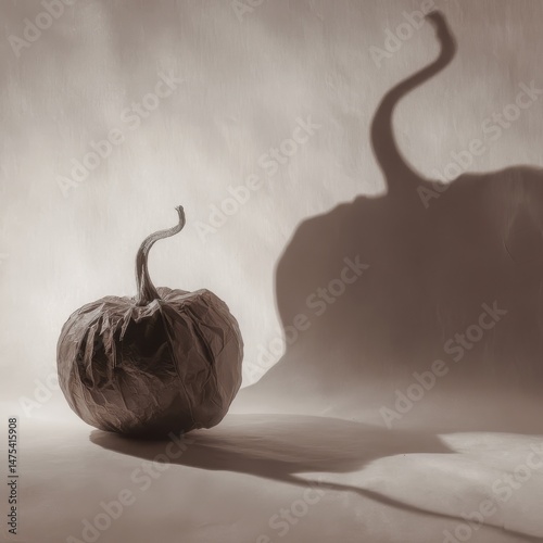 Silhouette of a dried gourd casting a long shadow.