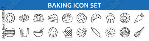 Baking icons set of cookie cake cupcake donut croissant and kitchen tools vector illustration