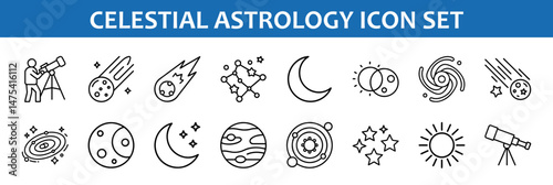 Celestial astrology icon set with galaxy stars moon sun and planets for astronomy and space theme