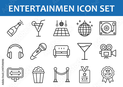 Entertainment icon set vector illustration featuring party celebration and event icons for design