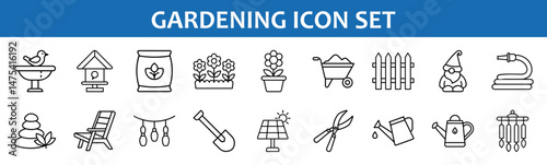 Gardening icons set vector illustration featuring garden tools flowers and outdoor elements design