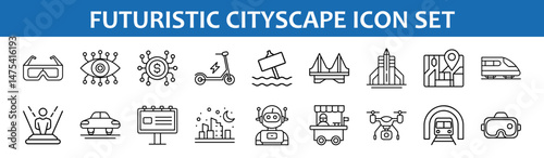 Futuristic cityscape icon set: future city, technology, transport, innovation, and urban design elements