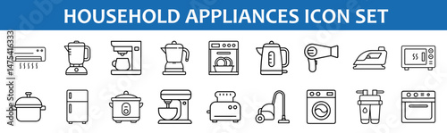 Household appliances icon set vector illustration featuring kitchen and home equipment outline style