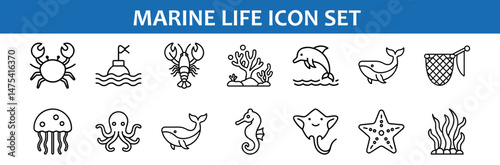 Marine life icon set vector illustration featuring sea animals ocean creatures and underwater life