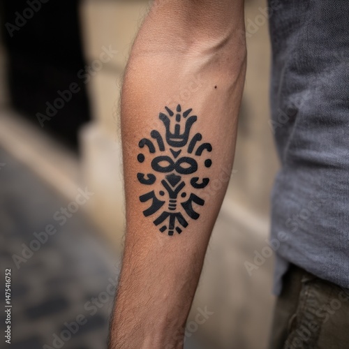 Intricate black temporary tattoo design on forearm.