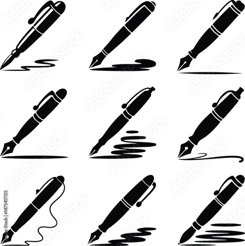 Pen Silhouette Set | Classic Writing Tools Vector Collection Pen Icons Silhouette Pack | Stationery, Writing, Office Supplies