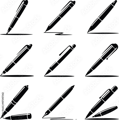 Pen Silhouette Set | Classic Writing Tools Vector Collection Pen Icons Silhouette Pack | Stationery, Writing, Office Supplies
