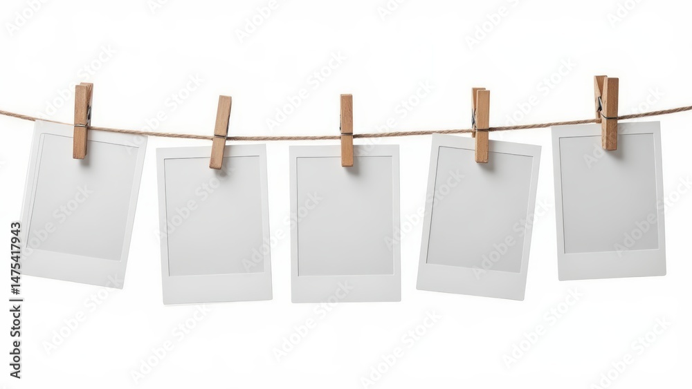 Blank Instant Photos Hanging on Clothesline with Clothespins, Mockup Template for Memories and Nostalgia Blank Instant Photos Hanging on Clothesline with Clothespins, Mockup Template for Memories and Nostalgia