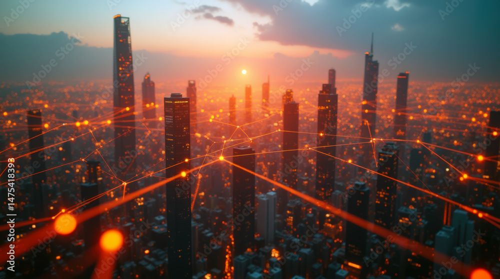 Fototapeta premium Dynamic digital visualization of Earth at night, showcasing bright city lights connected by glowing network lines. Global connectivity and communication concept