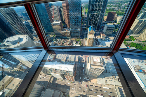 Calgary, Alberta - July 10, 2024: Aerial view of Downtown Calgary from the city tower