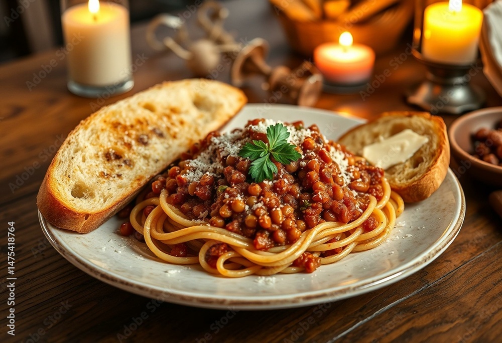 Fototapeta premium Lentil Bolognese on rustic wooden table