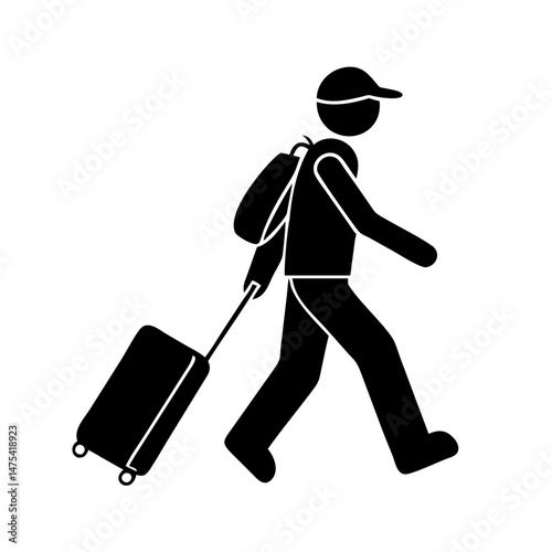 Silhouette of a Traveler with Backpack and Rolling Luggage Walking Along